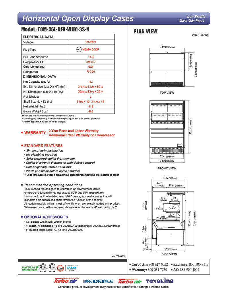 Turbo Air TOM-36L-UFD-W-3S-N 34 3/4" White Low Profile Horizontal Open Air Cooler w/ (3) Levels – Ultra Front Deluxe Merchandiser, 115v - Donut-Equipment.com