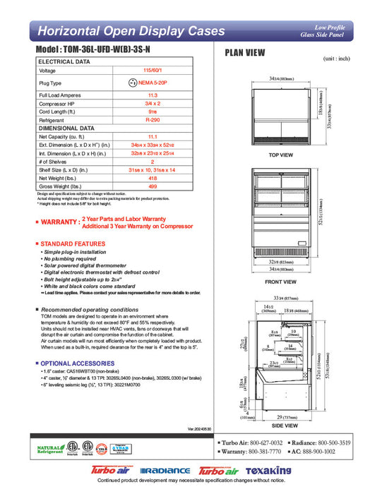 Turbo Air TOM-36L-UFD-W-3S-N 34 3/4" White Low Profile Horizontal Open Air Cooler w/ (3) Levels – Ultra Front Deluxe Merchandiser, 115v - Donut-Equipment.com