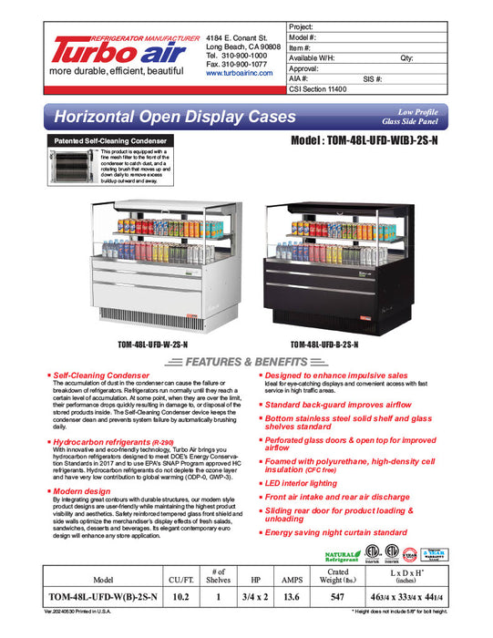 Turbo Air TOM-48L-UFD-W-2S-N 46 3/4" White Low Profile Horizontal Open Air Cooler w/ (2) Levels – Ultra Front Deluxe Merchandiser, 115v - Donut-Equipment.com