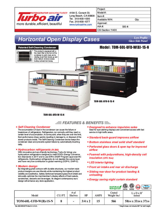 Turbo Air TOM-60L-UFD-W-1S-N 58 3/4" White Low Profile Horizontal Open Air Cooler w/ (1) Level – Ultra Front Deluxe Merchandiser, 115v - Donut-Equipment.com