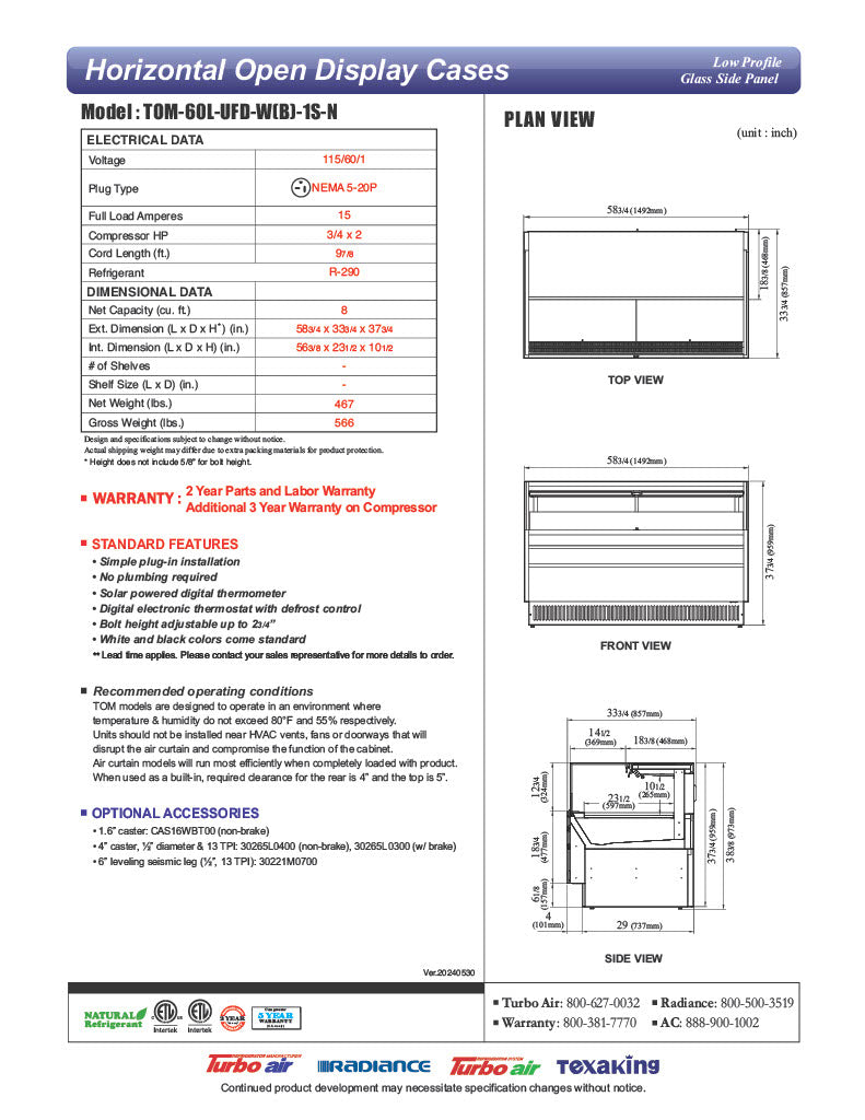 Turbo Air TOM-60L-UFD-W-1S-N 58 3/4" White Low Profile Horizontal Open Air Cooler w/ (1) Level – Ultra Front Deluxe Merchandiser, 115v - Donut-Equipment.com
