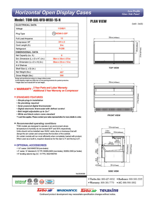 Turbo Air TOM-60L-UFD-W-1S-N 58 3/4" White Low Profile Horizontal Open Air Cooler w/ (1) Level – Ultra Front Deluxe Merchandiser, 115v - Donut-Equipment.com