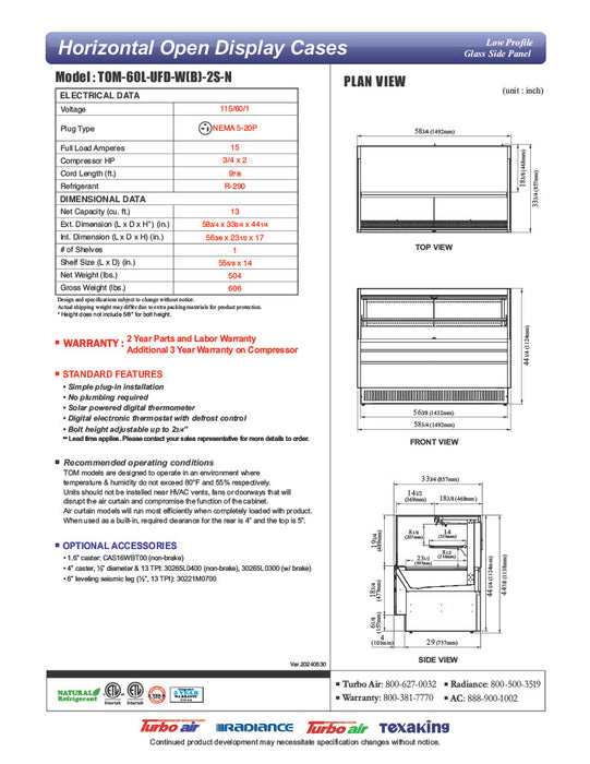 Turbo Air TOM-60L-UFD-W-2S-N 58 3/4" White Low Profile Horizontal Open Air Cooler w/ (2) Levels – Ultra Front Deluxe Merchandiser, 115v - Donut-Equipment.com
