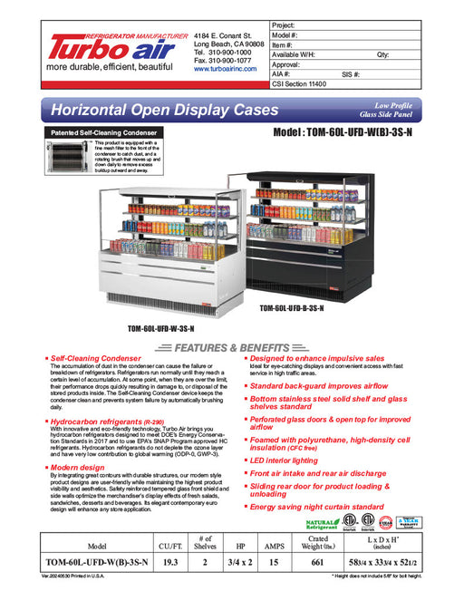 Turbo Air TOM-60L-UFD-W-3S-N 58 3/4"  White Low Profile Horizontal Open Air Cooler w/ (3) Levels – Ultra Front Deluxe Merchandiser, 115v - Donut-Equipment.com