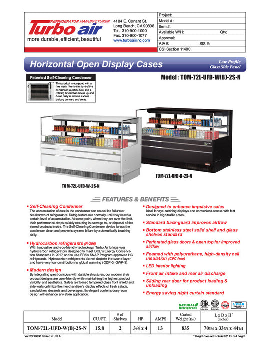Turbo Air TOM-72L-UFD-W-2S-N 70 3/4" White Low Profile Horizontal Open Air Cooler w/ (2) Levels – Ultra Front Deluxe Merchandiser, 220v/1ph - Donut-Equipment.com