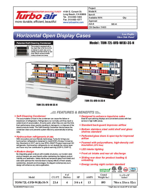 Turbo Air TOM-72L-UFD-W-3S-N 70 3/4" White Low Profile Horizontal Open Air Cooler w/ (3) Levels – Ultra Front Deluxe Merchandiser, 220v/1ph - Donut-Equipment.com