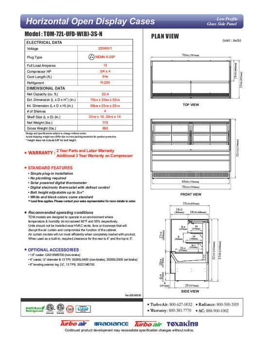 Turbo Air TOM-72L-UFD-W-3S-N 70 3/4" White Low Profile Horizontal Open Air Cooler w/ (3) Levels – Ultra Front Deluxe Merchandiser, 220v/1ph - Donut-Equipment.com