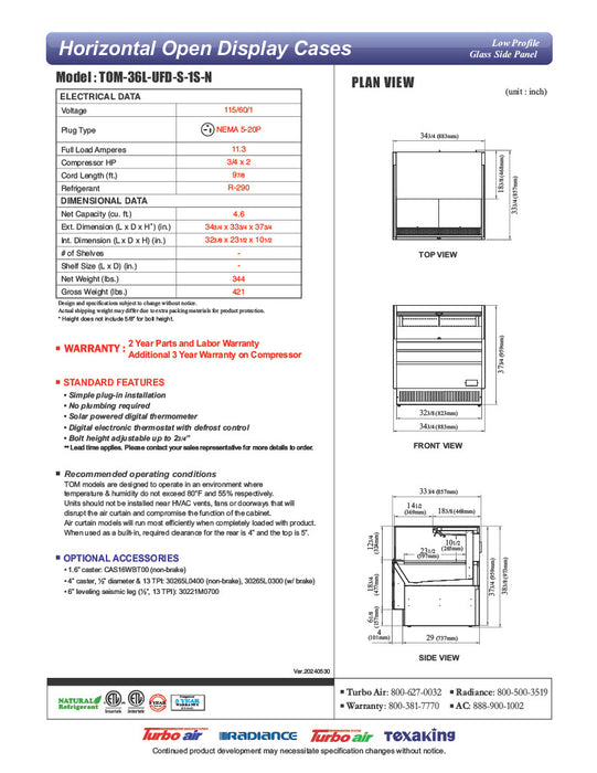 Turbo Air TOM-36L-UFD-S-1S-N 34 3/4" Stainless Steel Low Profile Horizontal Open Air Cooler w/ (1) Level – Ultra Front Deluxe Merchandiser, 115v - Donut-Equipment.com