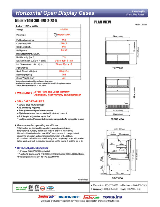 Turbo Air TOM-36L-UFD-S-2S-N 34 3/4" Stainless Steel Low Profile Horizontal Open Air Cooler w/ (2) Levels – Ultra Front Deluxe Merchandiser, 115v - Donut-Equipment.com