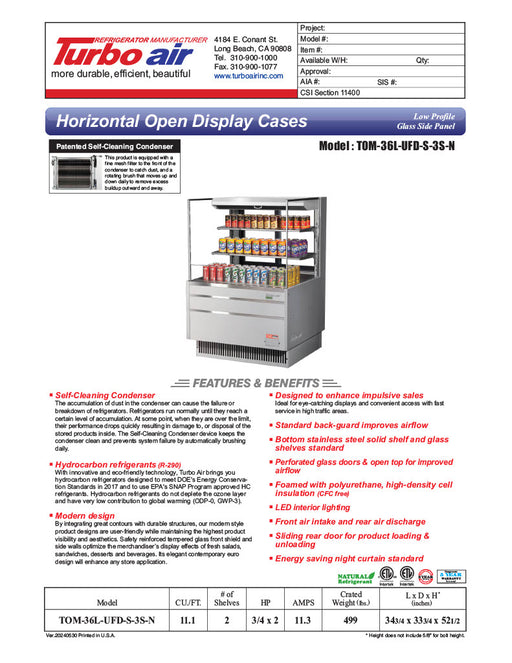 Turbo Air TOM-36L-UFD-S-3S-N 34 3/4" Stainless Steel Low Profile Horizontal Open Air Cooler w/ (3) Levels – Ultra Front Deluxe Merchandiser, 115v - Donut-Equipment.com
