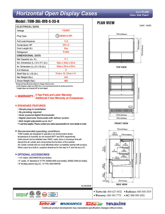Turbo Air TOM-36L-UFD-S-3S-N 34 3/4" Stainless Steel Low Profile Horizontal Open Air Cooler w/ (3) Levels – Ultra Front Deluxe Merchandiser, 115v - Donut-Equipment.com