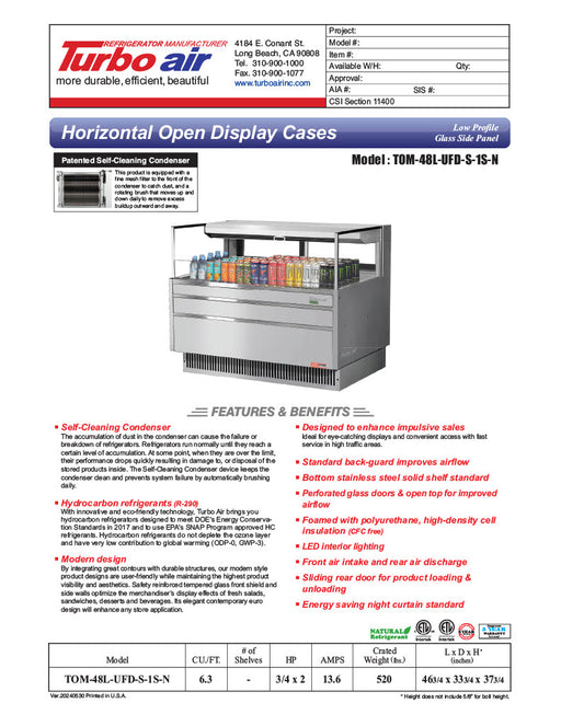 Turbo Air TOM-48L-UFD-S-1S-N 46 3/4" Stainless Steel Low Profile Horizontal Open Air Cooler w/ (1) Level – Ultra Front Deluxe Merchandiser, 115v - Donut-Equipment.com