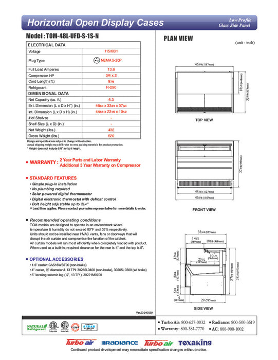 Turbo Air TOM-48L-UFD-S-1S-N 46 3/4" Stainless Steel Low Profile Horizontal Open Air Cooler w/ (1) Level – Ultra Front Deluxe Merchandiser, 115v - Donut-Equipment.com