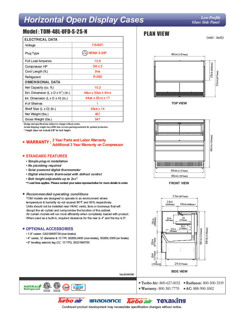 Turbo Air TOM-48L-UFD-S-2S-N 46 3/4" Stainless Steel Low Profile Horizontal Open Air Cooler w/ (2) Levels – Ultra Front Deluxe Merchandiser, 115v - Donut-Equipment.com