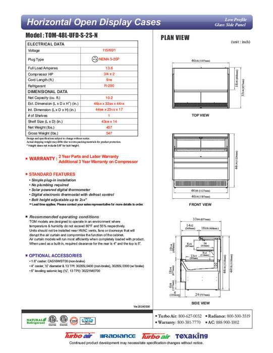 Turbo Air TOM-48L-UFD-S-2S-N 46 3/4" Stainless Steel Low Profile Horizontal Open Air Cooler w/ (2) Levels – Ultra Front Deluxe Merchandiser, 115v - Donut-Equipment.com