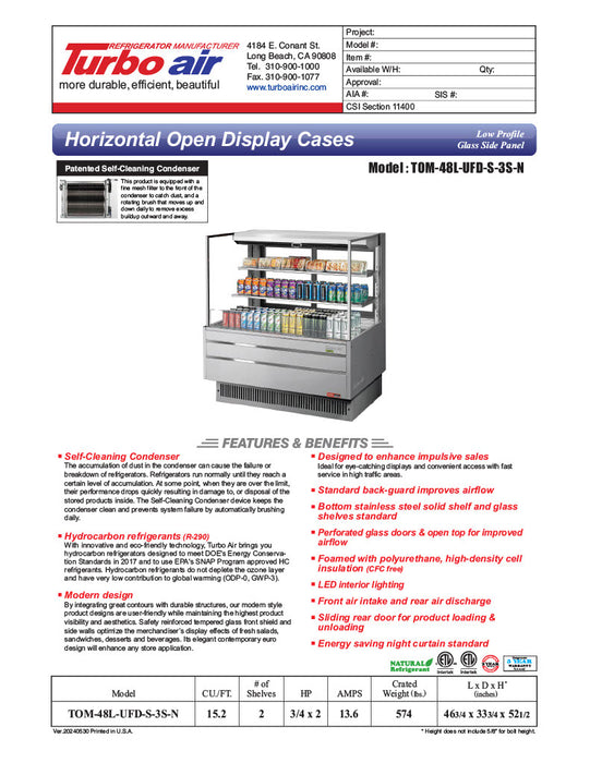 Turbo Air TOM-48L-UFD-S-3S-N 46 3/4" Stainless Steel Low Profile Horizontal Open Air Cooler w/ (3) Levels – Ultra Front Deluxe Merchandiser, 115v - Donut-Equipment.com