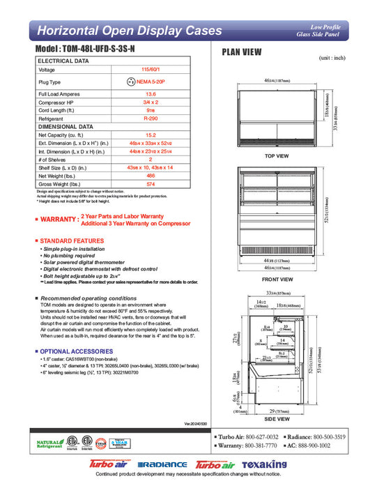 Turbo Air TOM-48L-UFD-S-3S-N 46 3/4" Stainless Steel Low Profile Horizontal Open Air Cooler w/ (3) Levels – Ultra Front Deluxe Merchandiser, 115v - Donut-Equipment.com