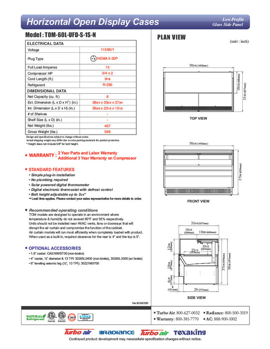 Turbo Air TOM-60L-UFD-S-1S-N 58 3/4" Stainless Steel Low Profile Horizontal Open Air Cooler w/ (1) Level – Ultra Front Deluxe Merchandiser, 115v - Donut-Equipment.com