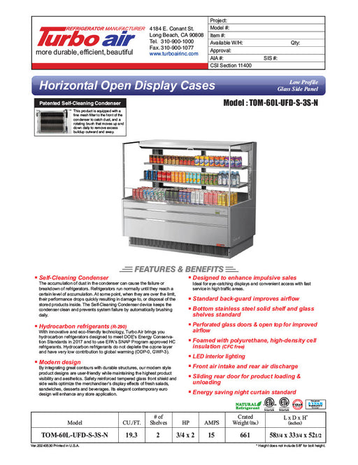 Turbo Air TOM-60L-UFD-S-3S-N 58 3/4" Stainless Steel Low Profile Horizontal Open Air Cooler w/ (3) Levels – Ultra Front Deluxe Merchandiser, 115v - Donut-Equipment.com