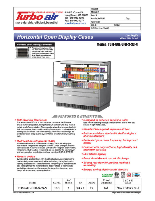 Turbo Air TOM-60L-UFD-S-3S-N 58 3/4" Stainless Steel Low Profile Horizontal Open Air Cooler w/ (3) Levels – Ultra Front Deluxe Merchandiser, 115v - Donut-Equipment.com