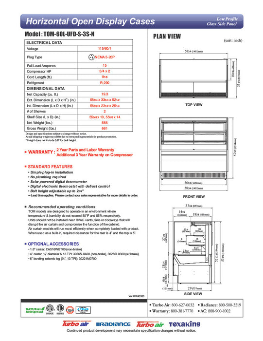 Turbo Air TOM-60L-UFD-S-3S-N 58 3/4" Stainless Steel Low Profile Horizontal Open Air Cooler w/ (3) Levels – Ultra Front Deluxe Merchandiser, 115v - Donut-Equipment.com