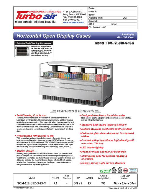 Turbo Air TOM-72L-UFD-S-1S-N 70 3/4" Stainless Steel Low Profile Horizontal Open Air Cooler w/ (1) Level – Ultra Front Deluxe Merchandiser, 220v/1ph - Donut-Equipment.com