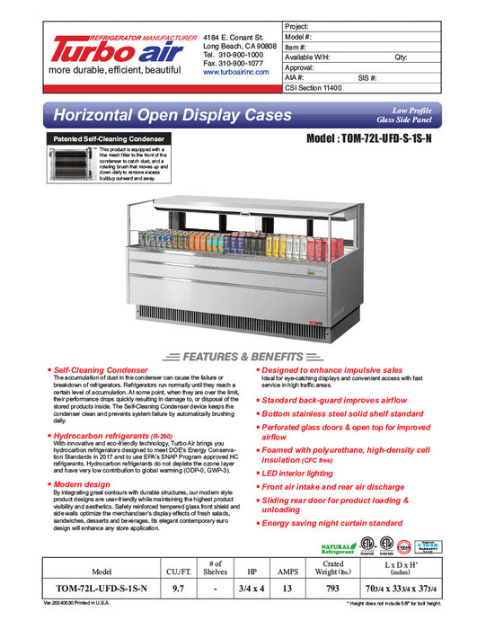 Turbo Air TOM-72L-UFD-S-1S-N 70 3/4" Stainless Steel Low Profile Horizontal Open Air Cooler w/ (1) Level – Ultra Front Deluxe Merchandiser, 220v/1ph - Donut-Equipment.com