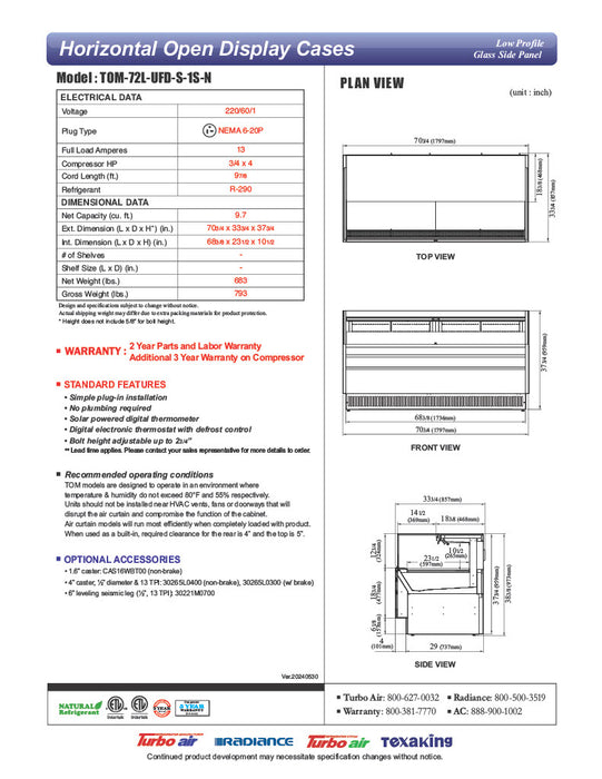 Turbo Air TOM-72L-UFD-S-1S-N 70 3/4" Stainless Steel Low Profile Horizontal Open Air Cooler w/ (1) Level – Ultra Front Deluxe Merchandiser, 220v/1ph - Donut-Equipment.com