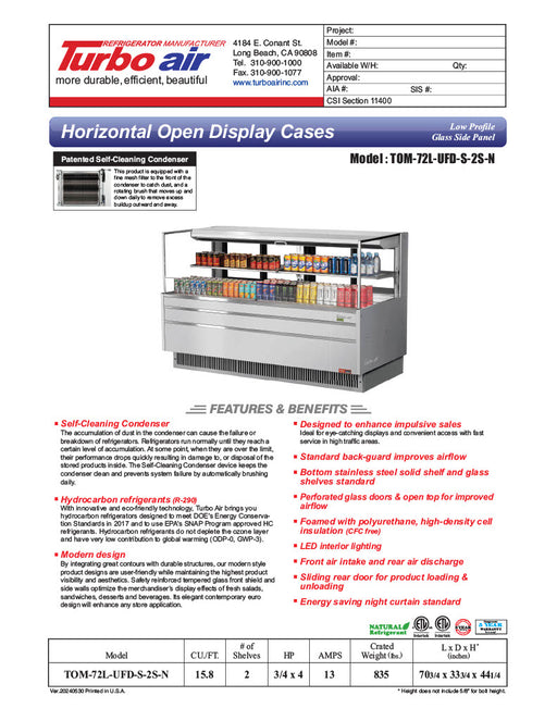 Turbo Air TOM-72L-UFD-S-2S-N 70 3/4" Stainless Steel Low Profile Horizontal Open Air Cooler w/ (2) Levels – Ultra Front Deluxe Merchandiser, 220v/1ph - Donut-Equipment.com