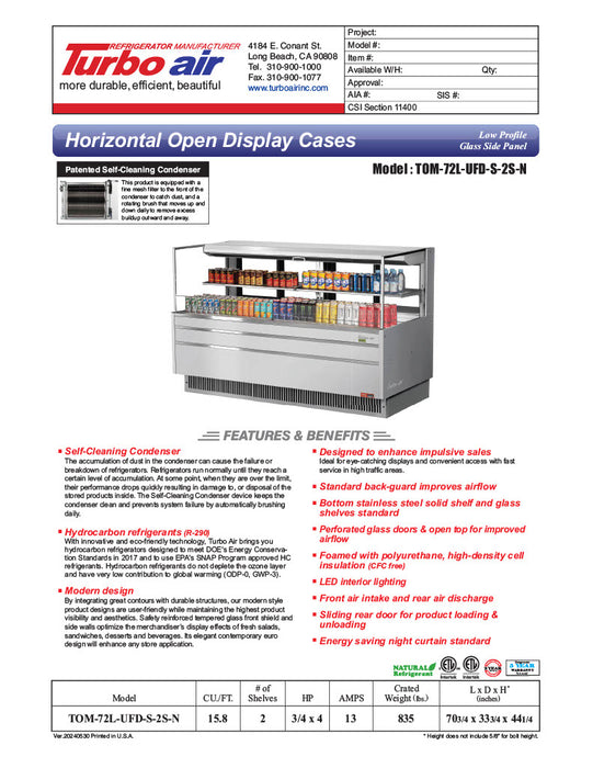 Turbo Air TOM-72L-UFD-S-2S-N 70 3/4" Stainless Steel Low Profile Horizontal Open Air Cooler w/ (2) Levels – Ultra Front Deluxe Merchandiser, 220v/1ph - Donut-Equipment.com