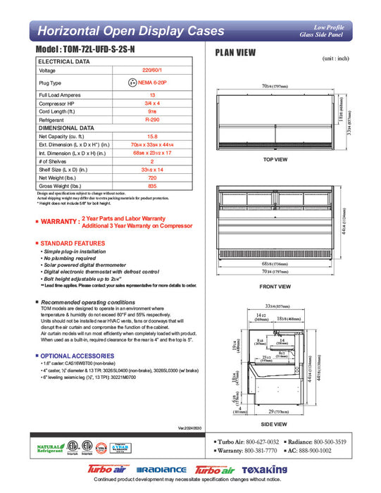 Turbo Air TOM-72L-UFD-S-2S-N 70 3/4" Stainless Steel Low Profile Horizontal Open Air Cooler w/ (2) Levels – Ultra Front Deluxe Merchandiser, 220v/1ph - Donut-Equipment.com