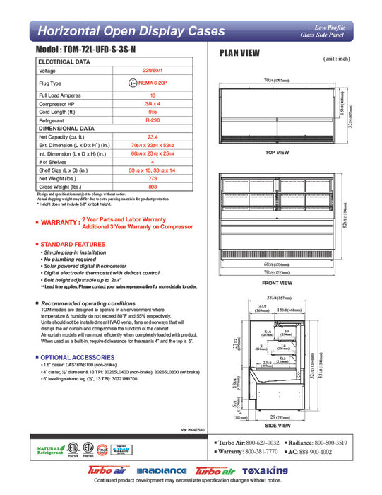 Turbo Air TOM-72L-UFD-S-3S-N 70 3/4" Stainless Steel Low Profile Horizontal Open Air Cooler w/ (3) Levels – Ultra Front Deluxe Merchandiser, 220v/1ph - Donut-Equipment.com
