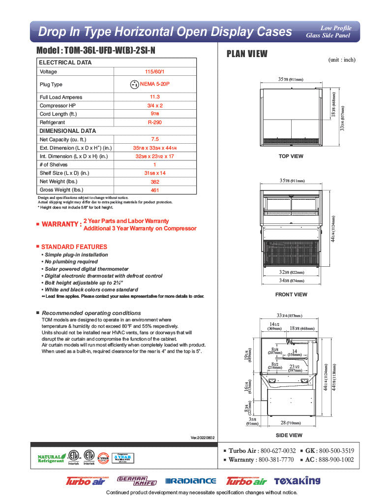 Turbo Air TOM-36L-UFD-W-2SI-N 35 7/8" Drop-In Horizontal Open Air Cooler w/ (2) Levels – White Exterior, 115v - Donut-Equipment.com