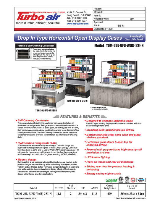 Turbo Air TOM-36L-UFD-W-3SI-N 36" Drop-In Horizontal Open Air Cooler w/ (3) Levels – White Exterior, 115v - Donut-Equipment.com