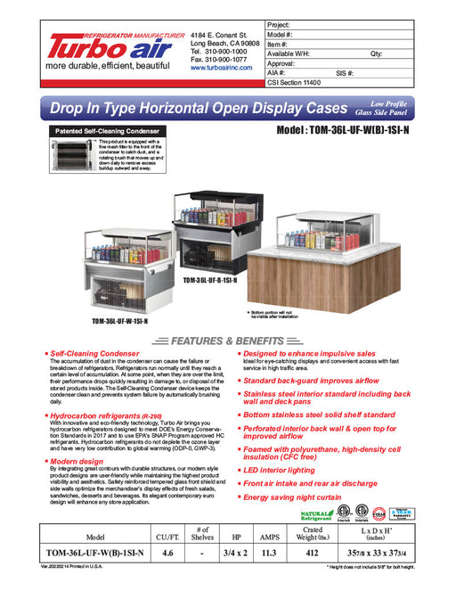 Turbo Air TOM-36L-UF-B-1SI-N 35 7/8" Drop-In Horizontal Open Air Cooler w/ (1) Level – Black Exterior, 115v - Donut-Equipment.com