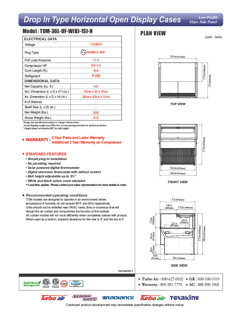 Turbo Air TOM-36L-UF-W-1SI-N 35 7/8" Drop-In Horizontal Open Air Cooler w/ (1) Level – White Exterior, 115v - Donut-Equipment.com