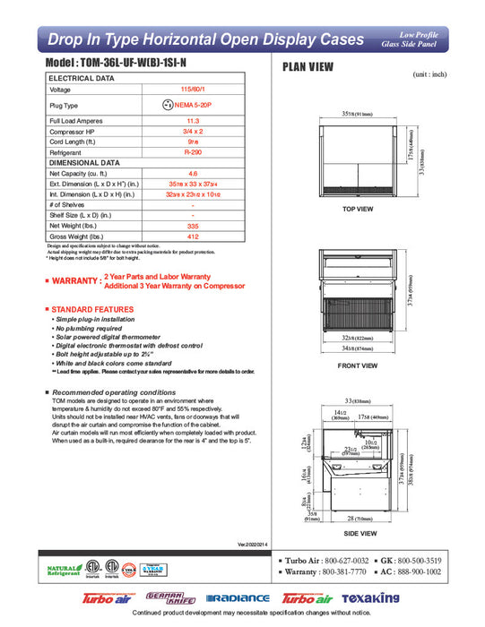 Turbo Air TOM-36L-UF-W-1SI-N 35 7/8" Drop-In Horizontal Open Air Cooler w/ (1) Level – White Exterior, 115v - Donut-Equipment.com