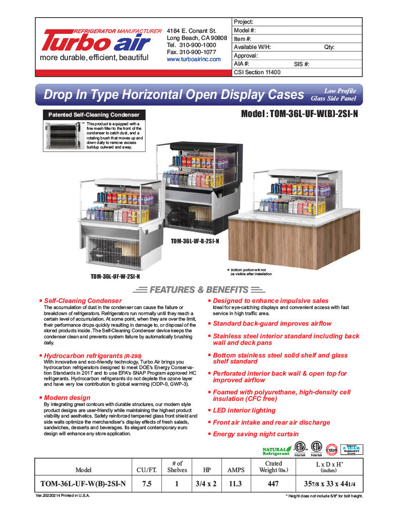 Turbo Air TOM-36L-UF-B-2SI-N 35 7/8" Drop-In Horizontal Open Air Cooler w/ (2) Levels – Black Exterior, 115v - Donut-Equipment.com