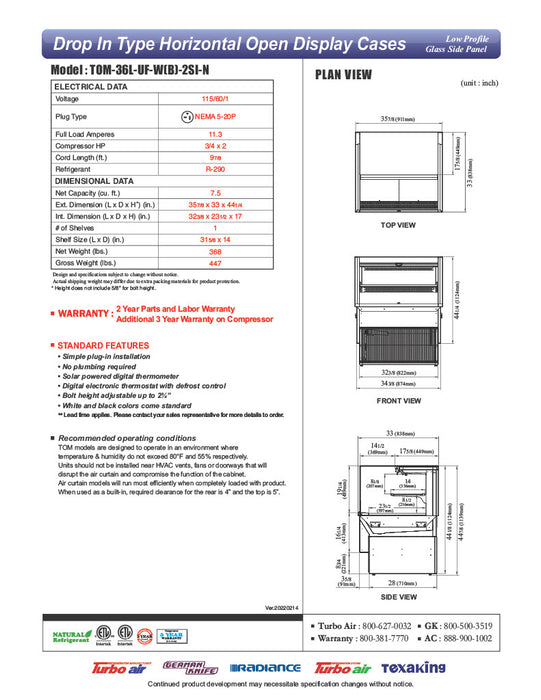 Turbo Air TOM-36L-UF-W-2SI-N 35 7/8" Drop-In Horizontal Open Air Cooler w/ (2) Levels – White Exterior, 115v - Donut-Equipment.com
