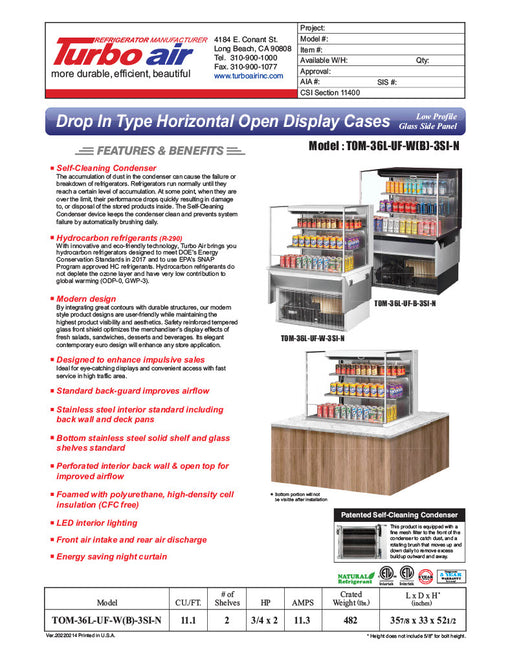 Turbo Air TOM-36L-UF-B-3SI-N 35 7/8" Drop-In Horizontal Open Air Cooler w/ (3) Levels – Black Exterior, 115v - Donut-Equipment.com