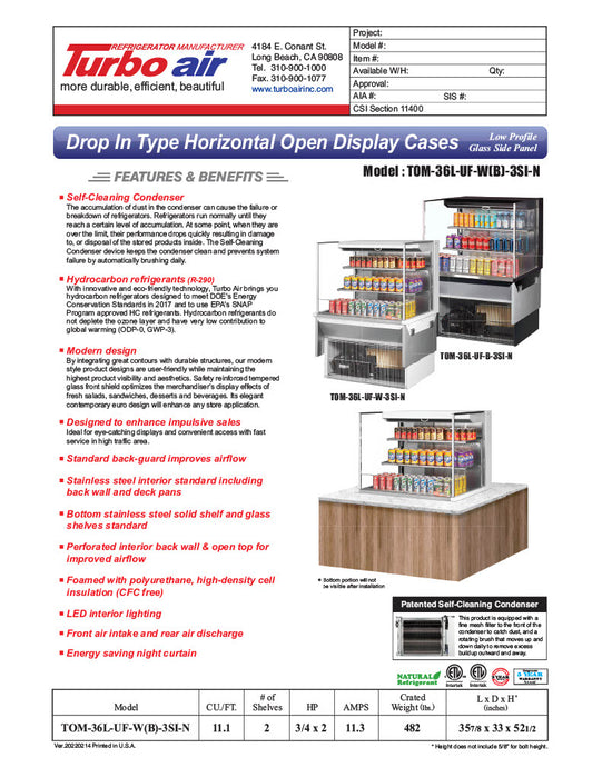 Turbo Air TOM-36L-UF-B-3SI-N 35 7/8" Drop-In Horizontal Open Air Cooler w/ (3) Levels – Black Exterior, 115v - Donut-Equipment.com