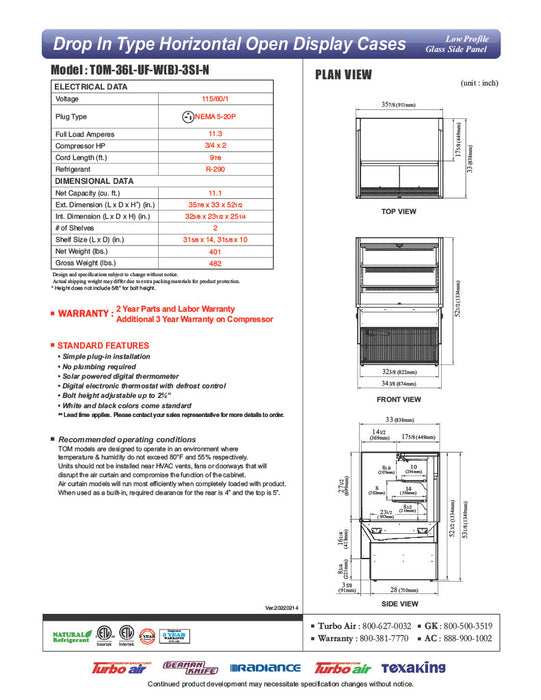 Turbo Air TOM-36L-UF-B-3SI-N 35 7/8" Drop-In Horizontal Open Air Cooler w/ (3) Levels – Black Exterior, 115v - Donut-Equipment.com