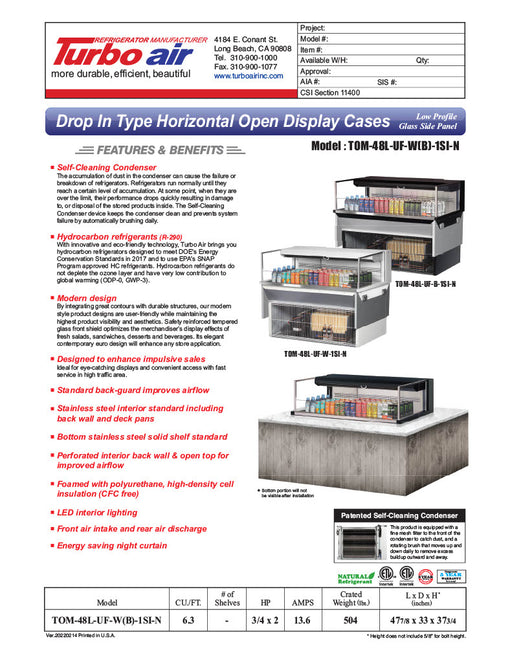 Turbo Air TOM-48L-UF-W-1SI-N 47 7/8" Drop-In Horizontal Open Air Cooler w/ (1) Level – White Exterior, 115v - Donut-Equipment.com