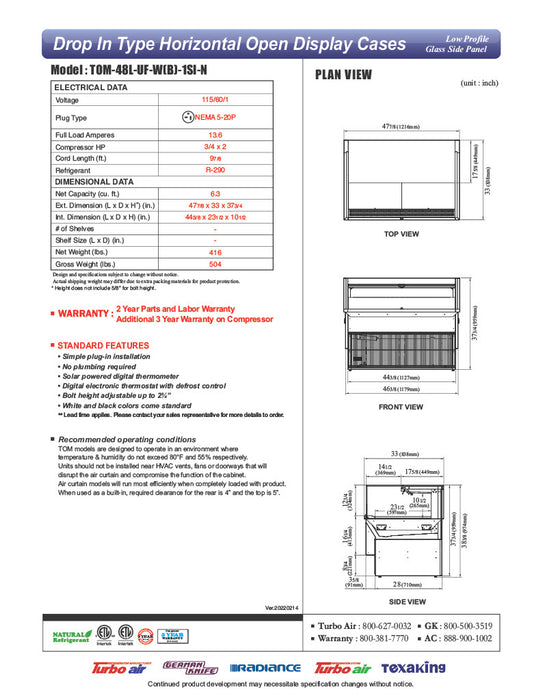 Turbo Air TOM-48L-UF-W-1SI-N 47 7/8" Drop-In Horizontal Open Air Cooler w/ (1) Level – White Exterior, 115v - Donut-Equipment.com
