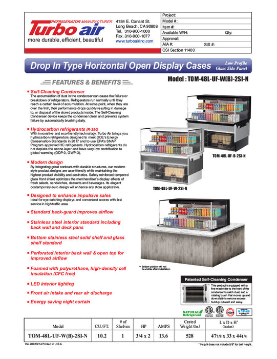 Turbo Air TOM-48L-UF-W-2SI-N 47 7/8" Drop-In Horizontal Open Air Cooler w/ (2) Levels – White Exterior, 115v - Donut-Equipment.com