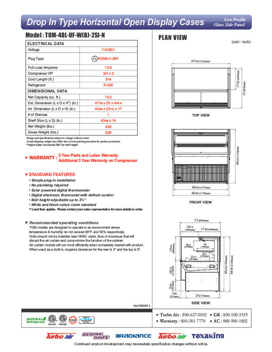 Turbo Air TOM-48L-UF-W-2SI-N 47 7/8" Drop-In Horizontal Open Air Cooler w/ (2) Levels – White Exterior, 115v - Donut-Equipment.com
