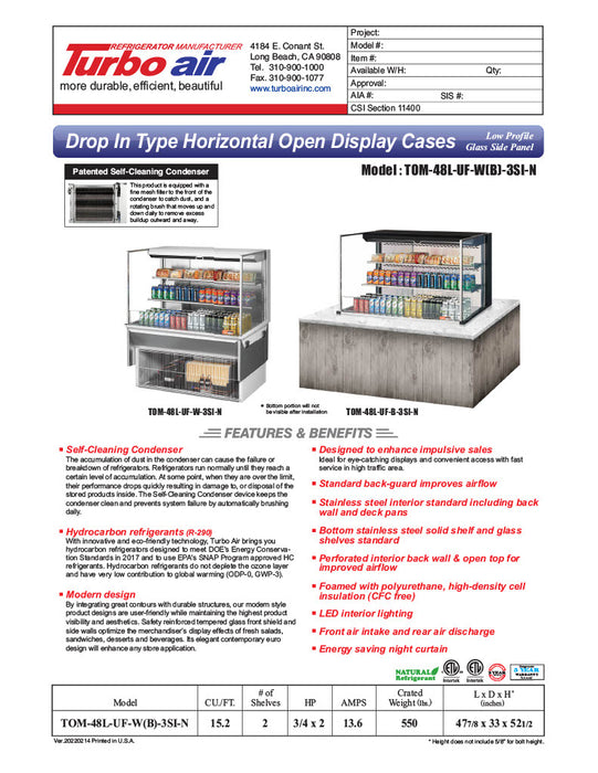 Turbo Air TOM-48L-UF-W-3SI-N 47 7/8" Drop-In Horizontal Open Air Cooler w/ (3) Levels – White Exterior, 115v - Donut-Equipment.com