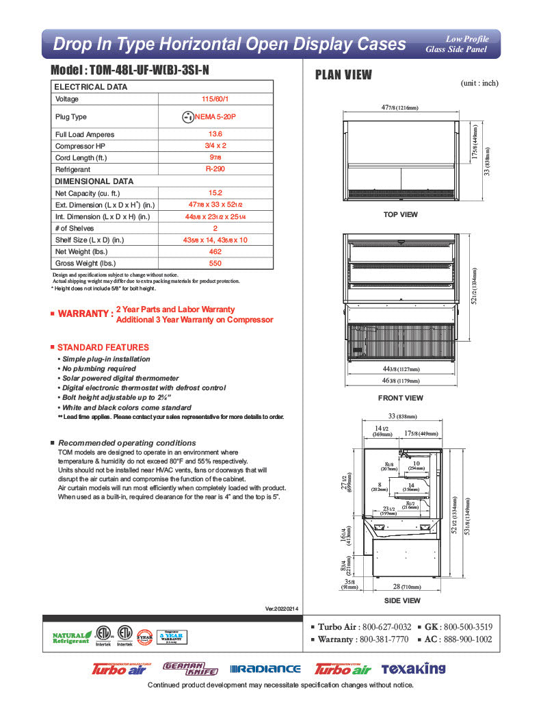 Turbo Air TOM-48L-UF-W-3SI-N 47 7/8" Drop-In Horizontal Open Air Cooler w/ (3) Levels – White Exterior, 115v - Donut-Equipment.com