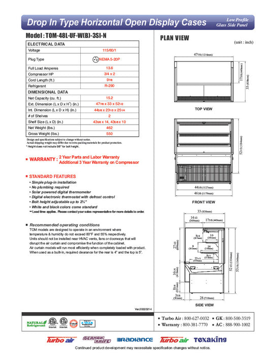 Turbo Air TOM-48L-UF-W-3SI-N 47 7/8" Drop-In Horizontal Open Air Cooler w/ (3) Levels – White Exterior, 115v - Donut-Equipment.com