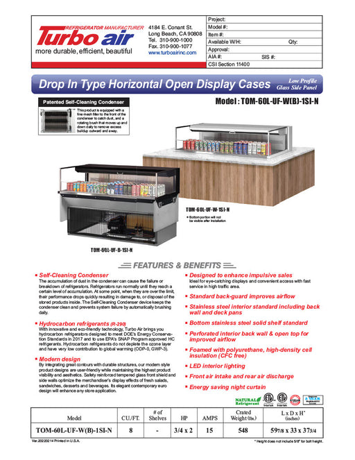 Turbo Air TOM-60L-UF-W-1SI-N 59 7/8" Drop-In Horizontal Open Air Cooler w/ (1) Level – White Exterior, 115v - Donut-Equipment.com